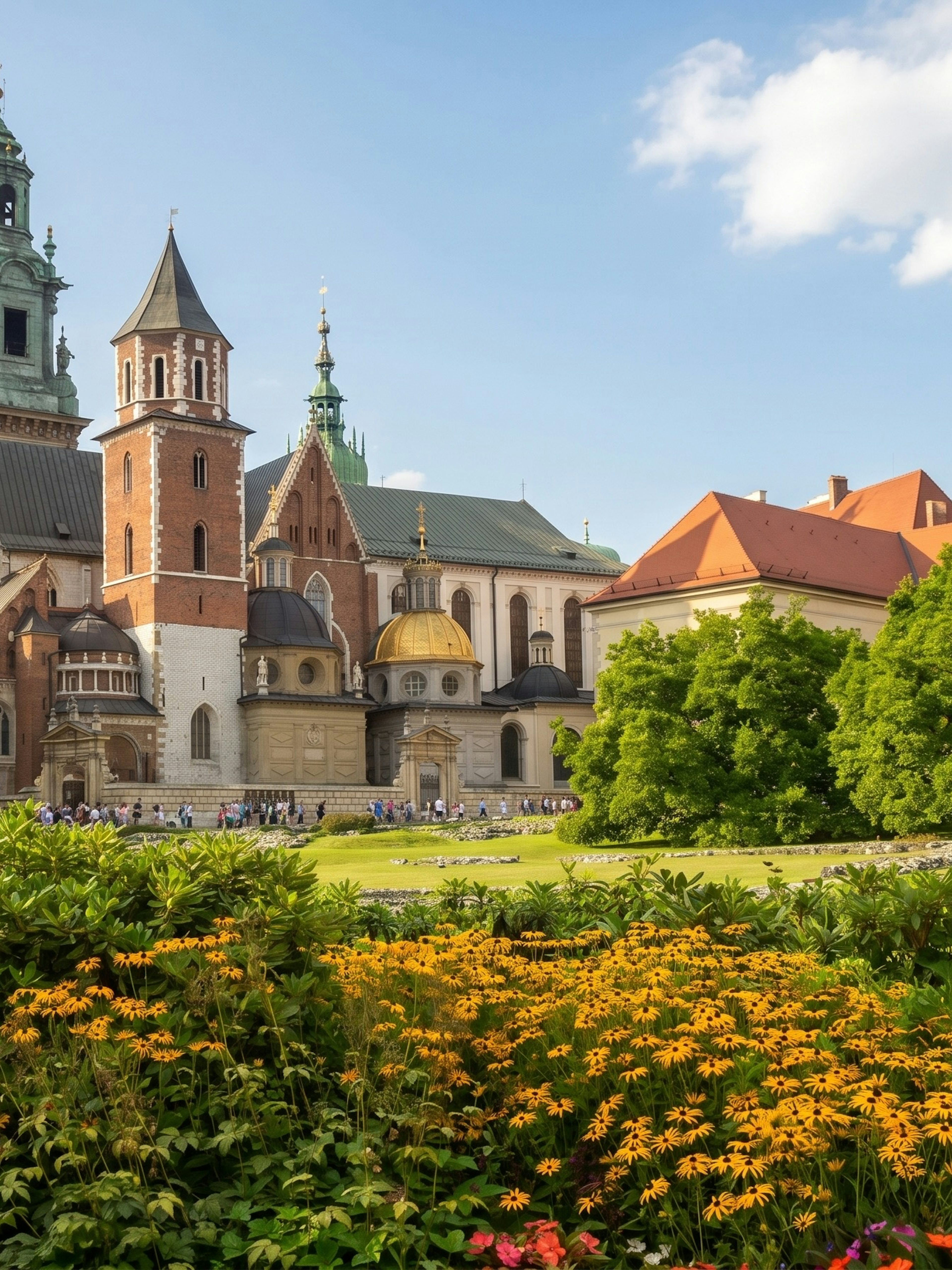 Wawel Castle and Cathedral in Krakow with gardens in the foreground.