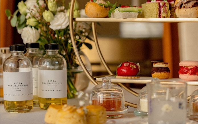 Afternoon tea pastries and sandwiches at The Samovar Lounge, Dubai.