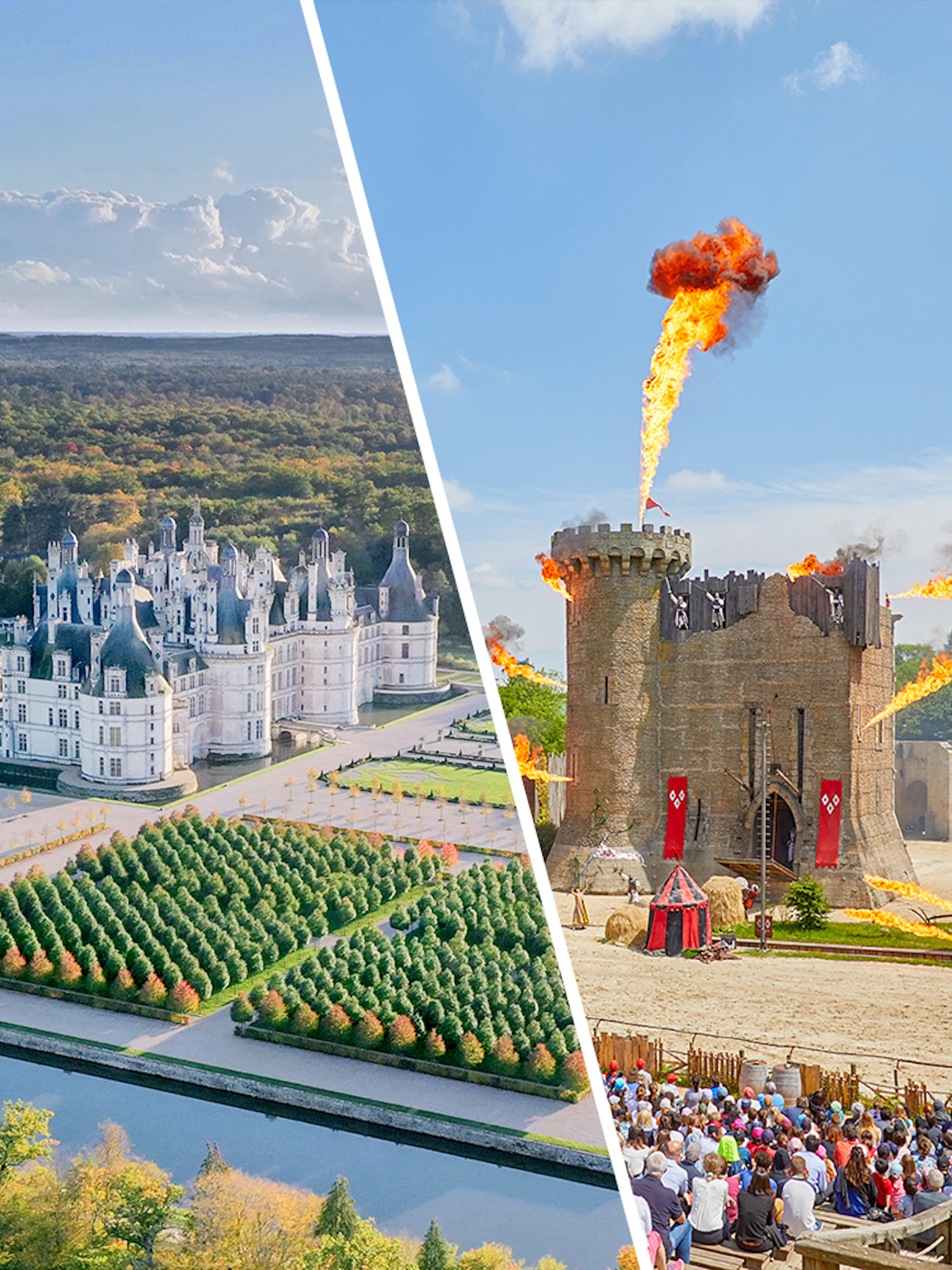 Chambord Castle gardens and Puy du Fou medieval show with fire effects.