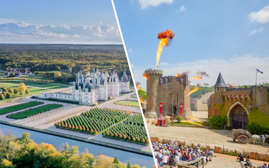 Chambord Castle gardens and Puy du Fou medieval show with fire effects.