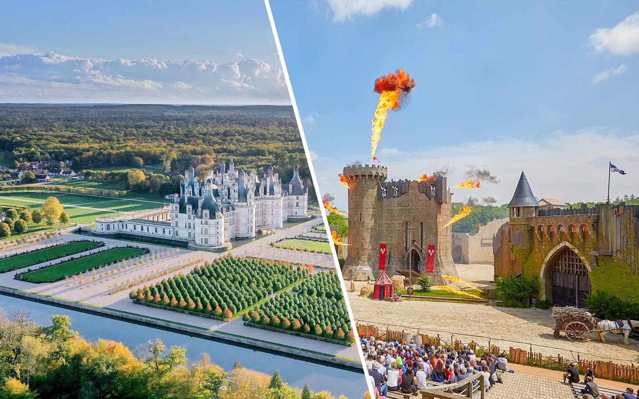 Chambord Castle gardens and Puy du Fou medieval show with fire effects.