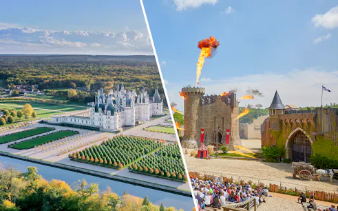 Chambord Castle gardens and Puy du Fou medieval show with fire effects.