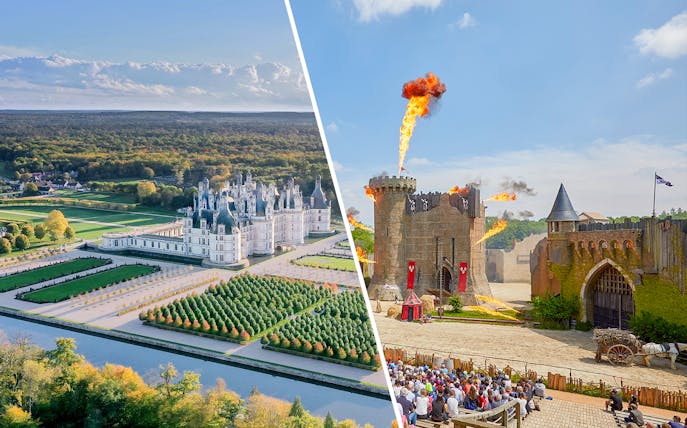 Chambord Castle gardens and Puy du Fou medieval show with fire effects.