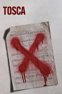 Sheet music with a red X, promoting Tosca at Westend.