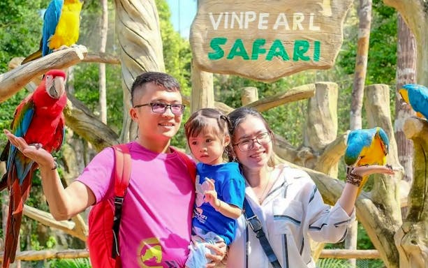 Guests interacting with parrots at Vinpearl Safari.