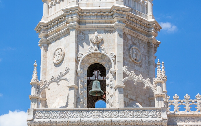 Bell tower detail of Jerónimos Monastery, Lisbon, Portugal.