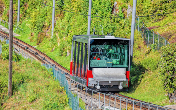 Funicular railway ascending Mount Floyen in Bergen, Norway.
