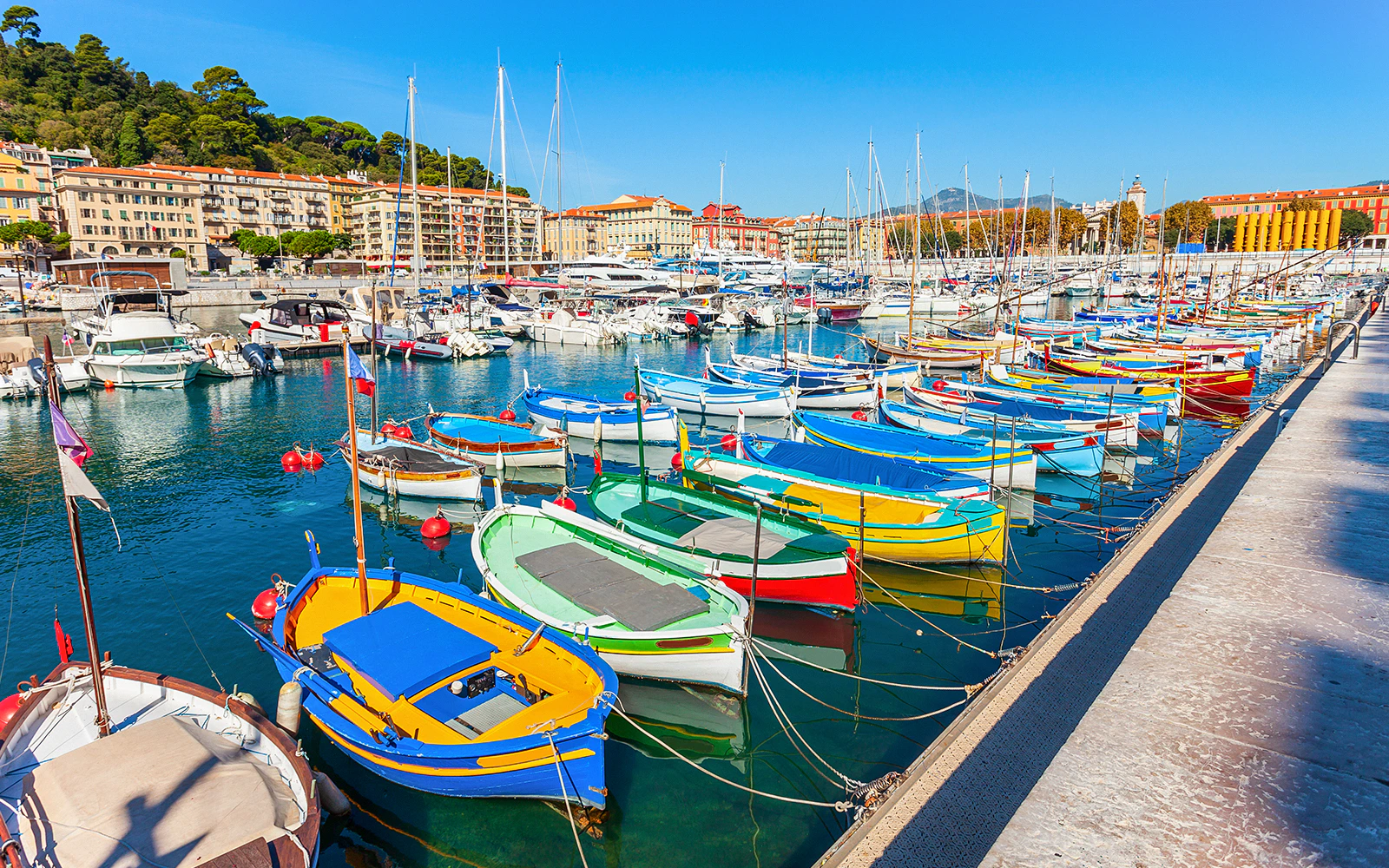Colorful boats docked at Nice harbor, France, viewed during a guided Segway tour.