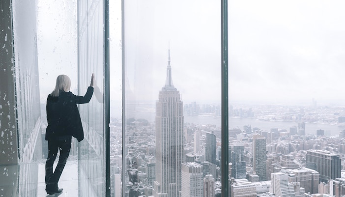 SUMMIT One Vanderbilt observation deck view of New York City skyline.