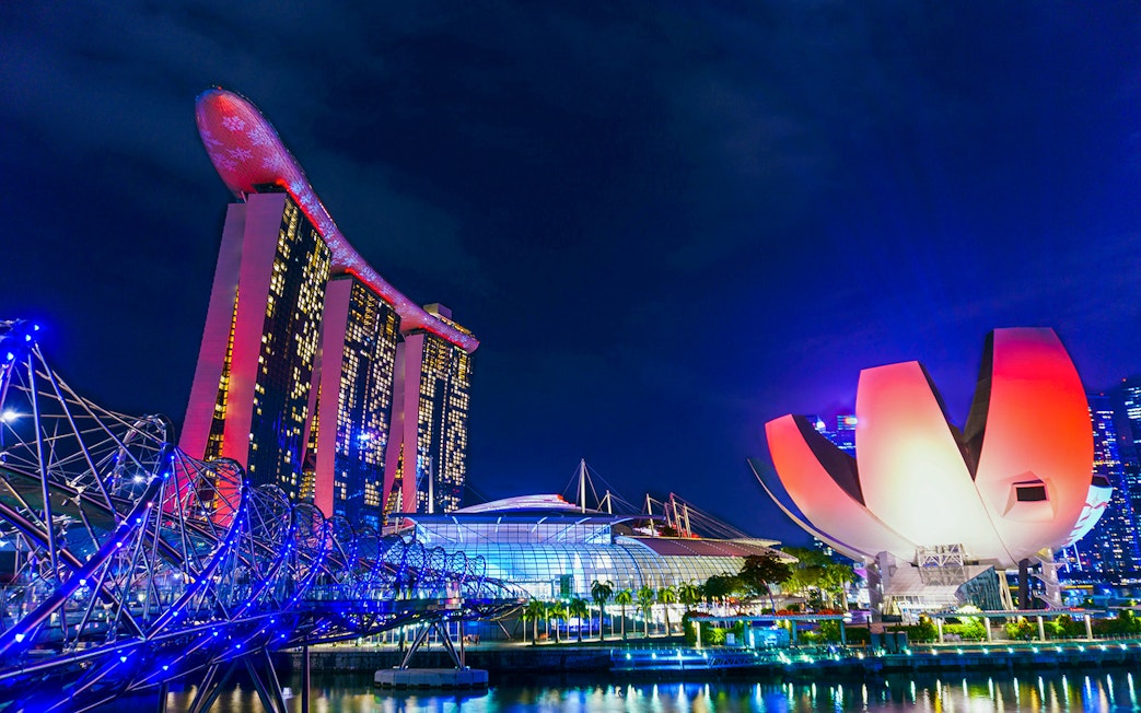 Marina Bay Sands and ArtScience Museum illuminated at night, Singapore Christmas tour.