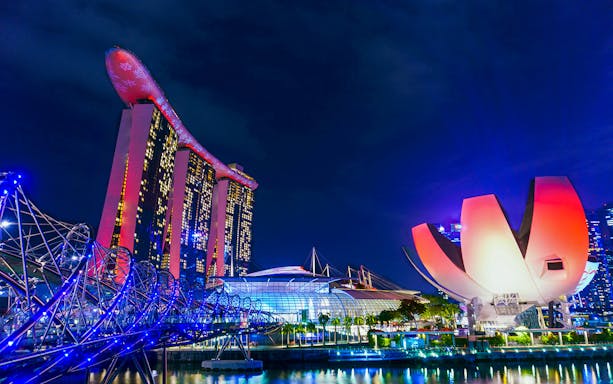 Marina Bay Sands and ArtScience Museum illuminated at night, Singapore Christmas tour.