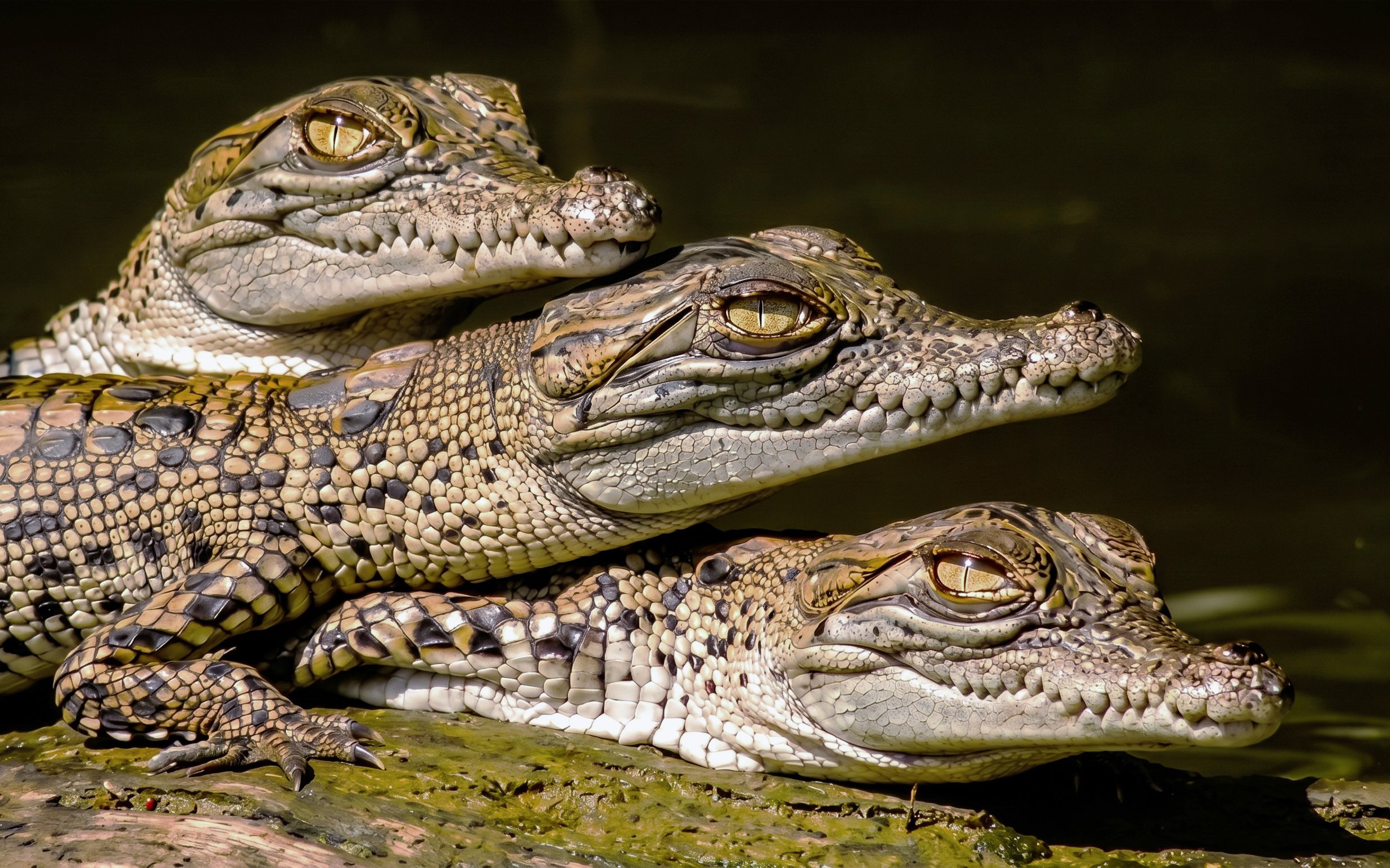 Crocodiles resting on a log during Bruce Belchers Daintree River Cruise in Australia.
