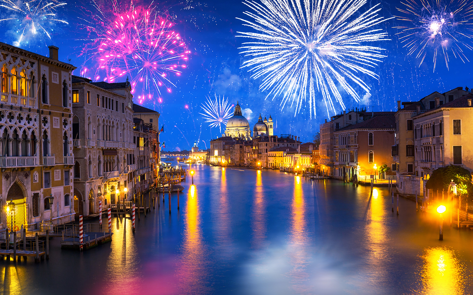 Firework display over Grand Canal in Venice, Italy at night