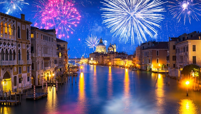 Firework display over Grand Canal in Venice, Italy at night