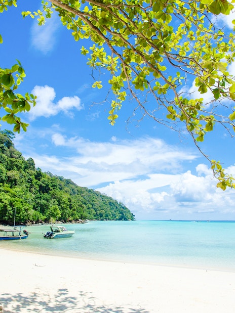Boats on white sand beach with clear blue water in Surin Islands.