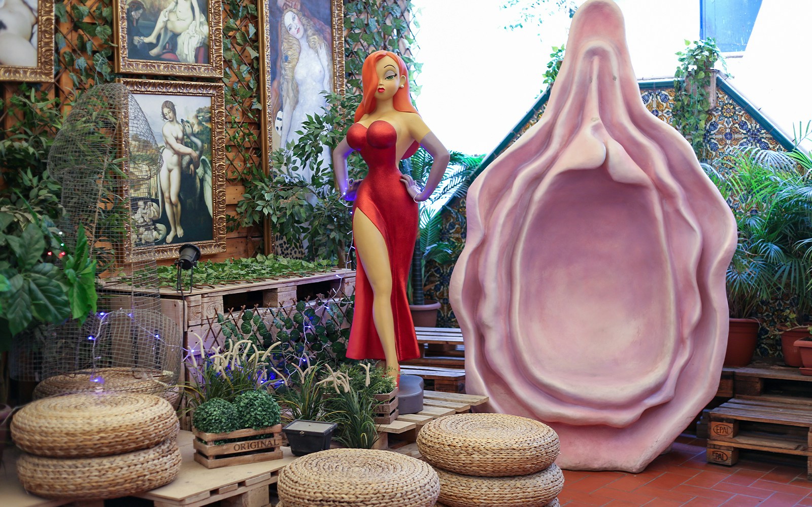 Sculpture and paintings at Erotic Museum Barcelona exhibit.