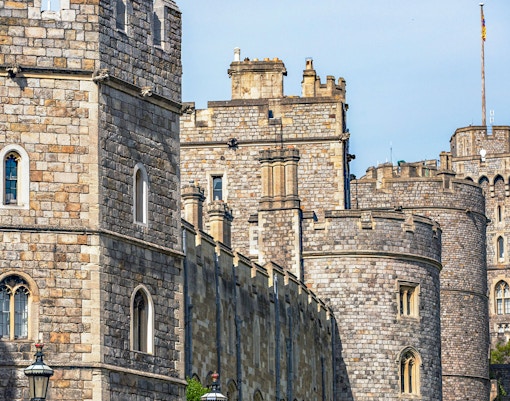Windsor Castle stone towers and battlements in England.