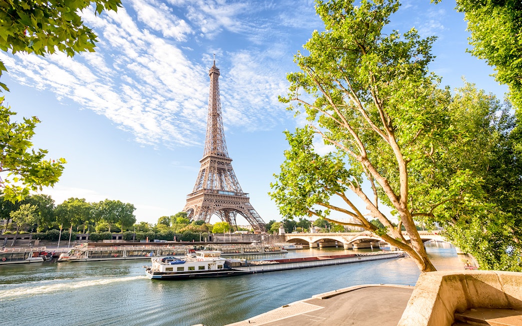 Seine river cruise with Eiffel Tower view in Paris.