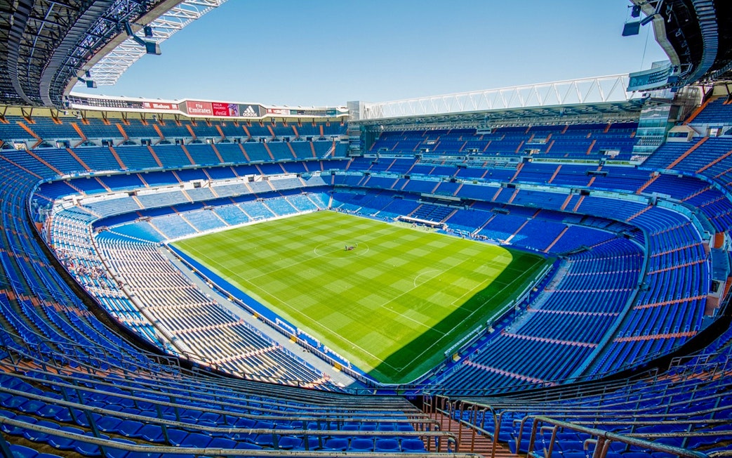 Santiago Bernabéu Stadium in Madrid, view of the empty stands and pitch.