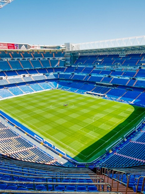 Santiago Bernabéu Stadium in Madrid, view of the empty stands and pitch.