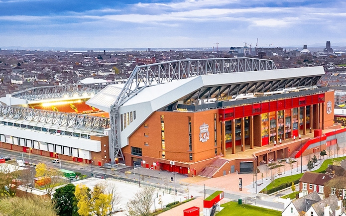Liverpool FC stadium aerial view, Anfield, Liverpool, UK.