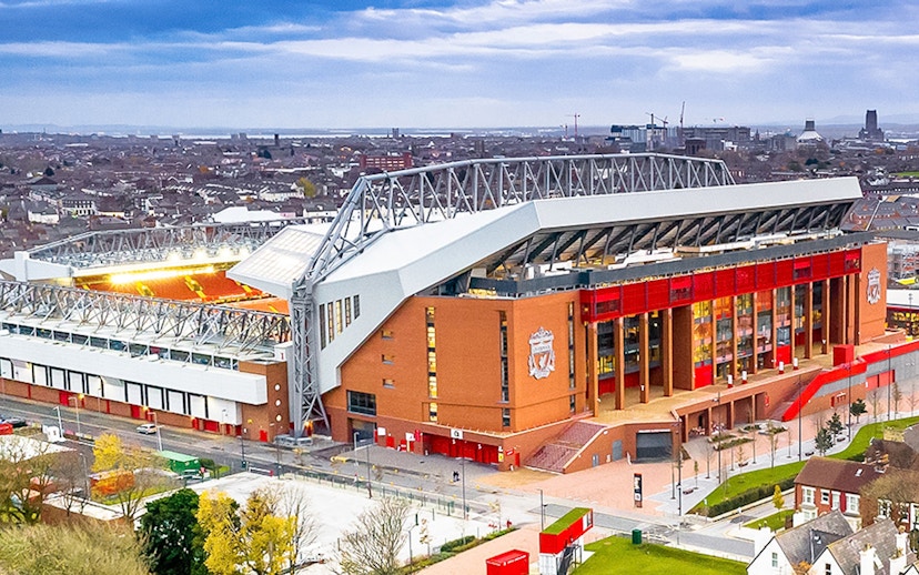 Liverpool FC stadium aerial view, Anfield, Liverpool, UK.