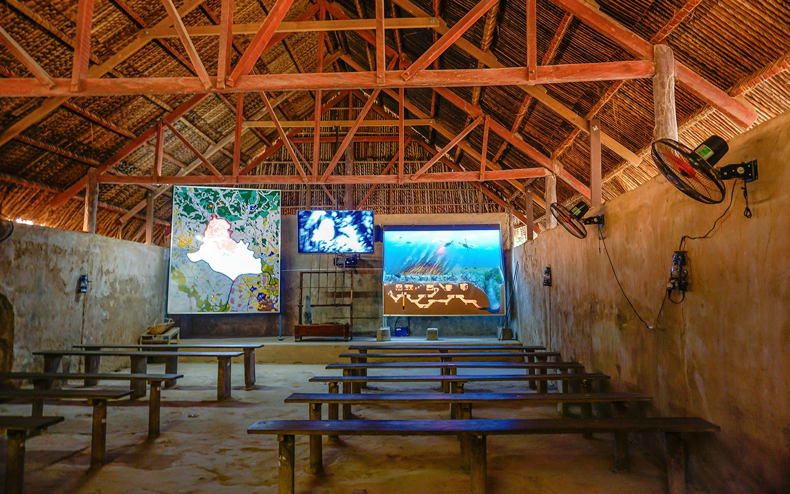 Film room at Cu Chi Tunnels showcasing historical footage, Ho Chi Minh City, Vietnam.