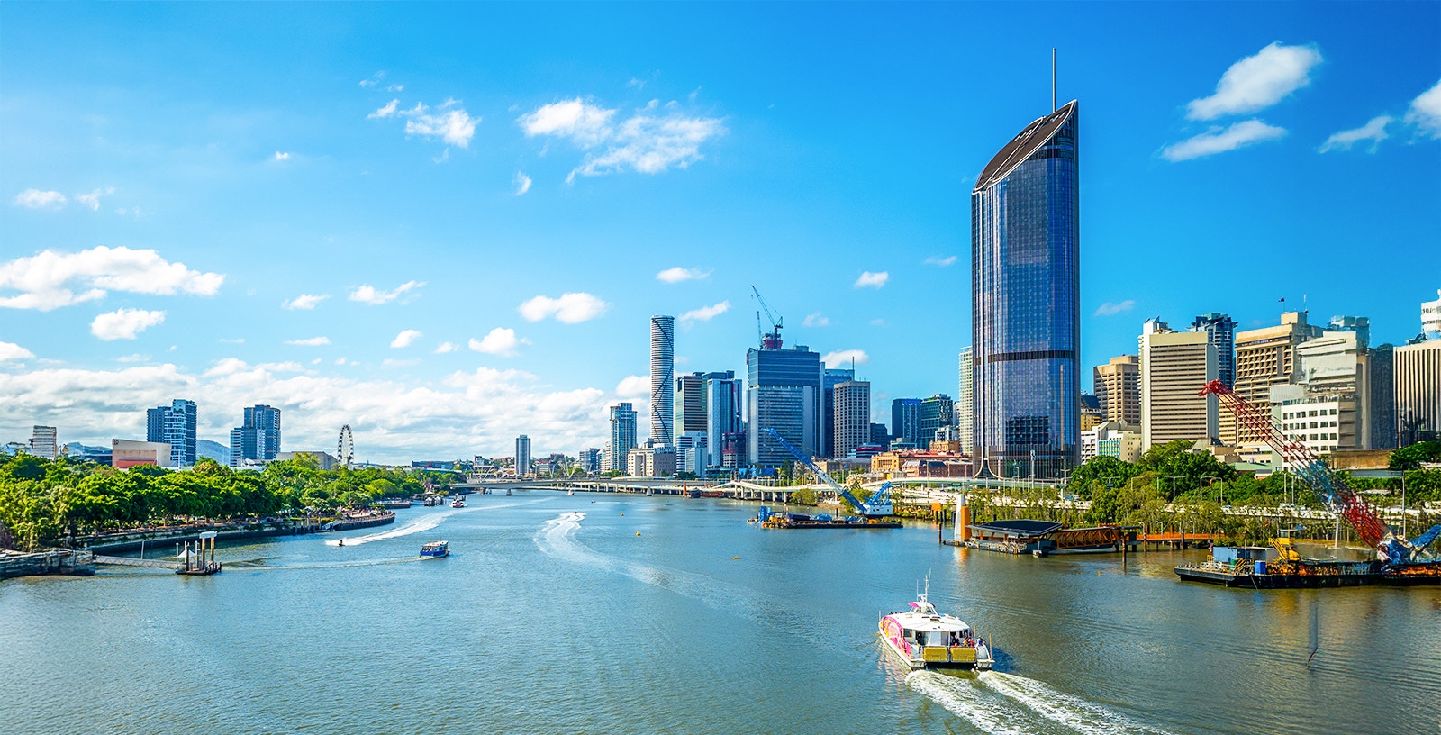 Brisbane River cruise with city skyline and ferris wheel in view.