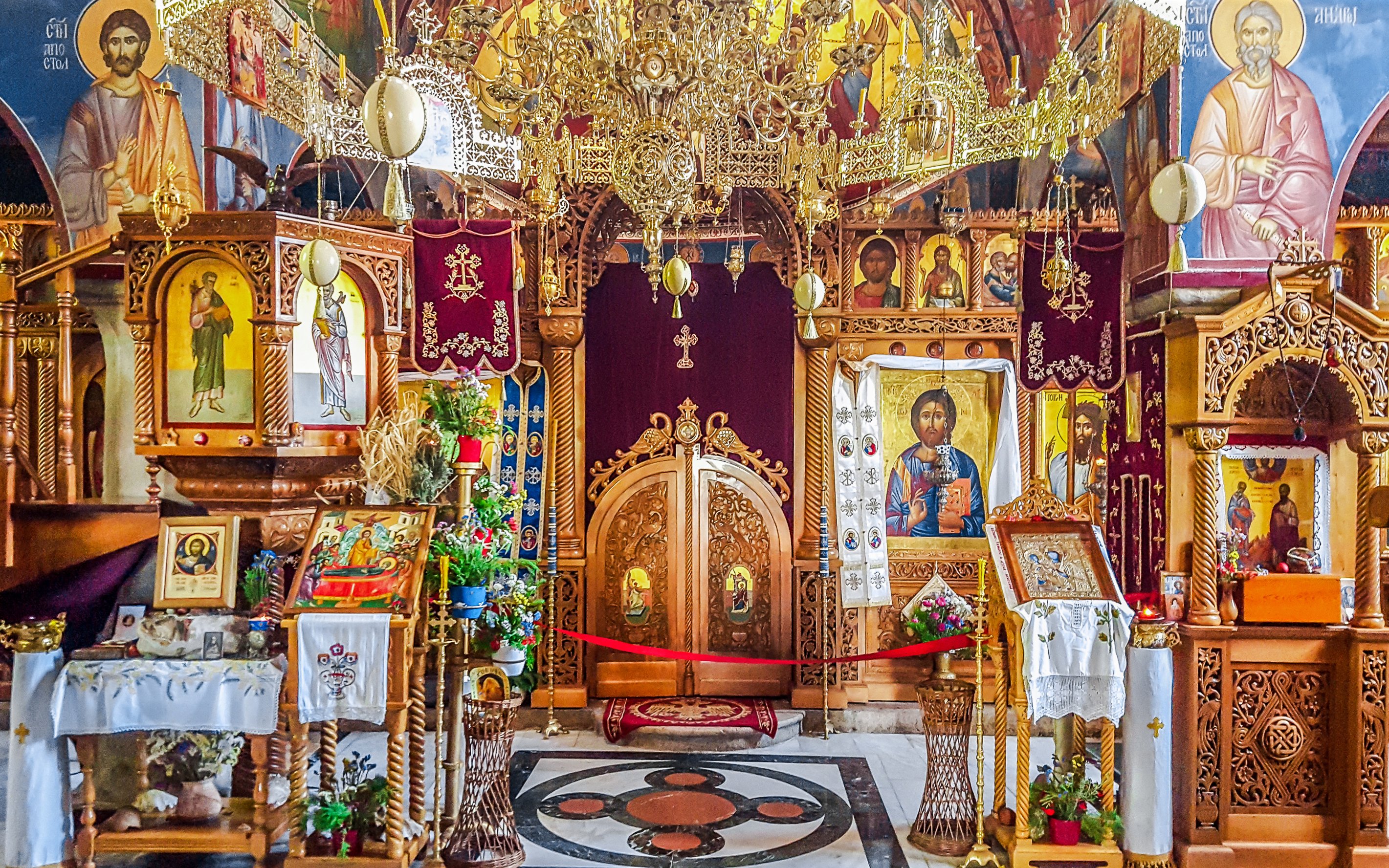 Interior of Tvrdos Monastery with ornate icons and wooden carvings, Trebinje, Bosnia and Herzegovina.
