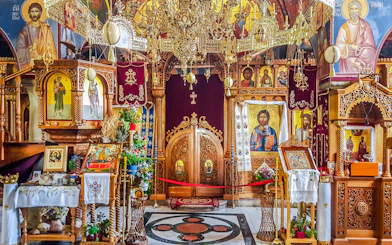 Interior of Tvrdos Monastery with ornate icons and wooden carvings, Trebinje, Bosnia and Herzegovina.