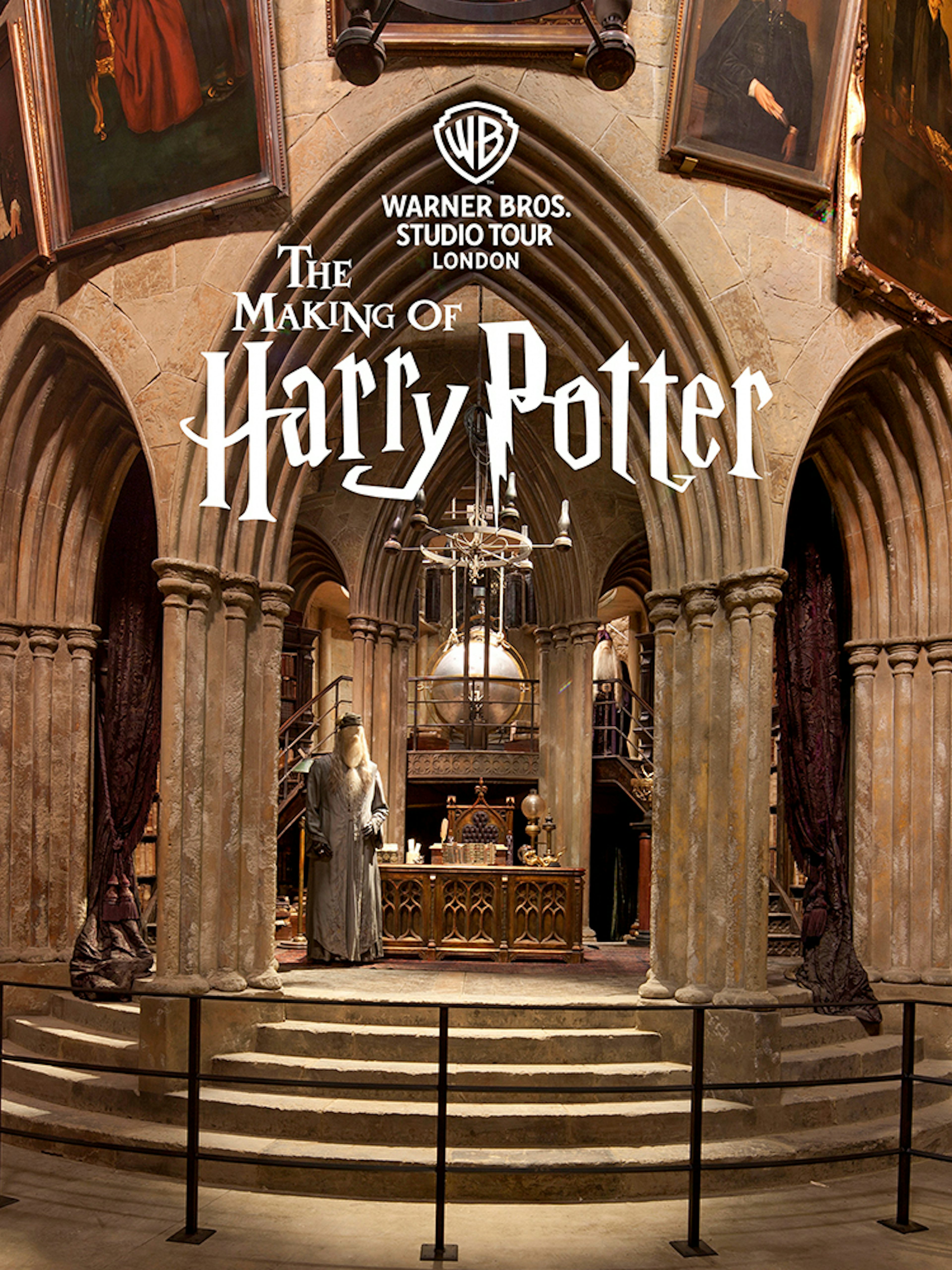 Dumbledore's office set at Warner Bros Studio Tour London, featuring portraits and magical artifacts.