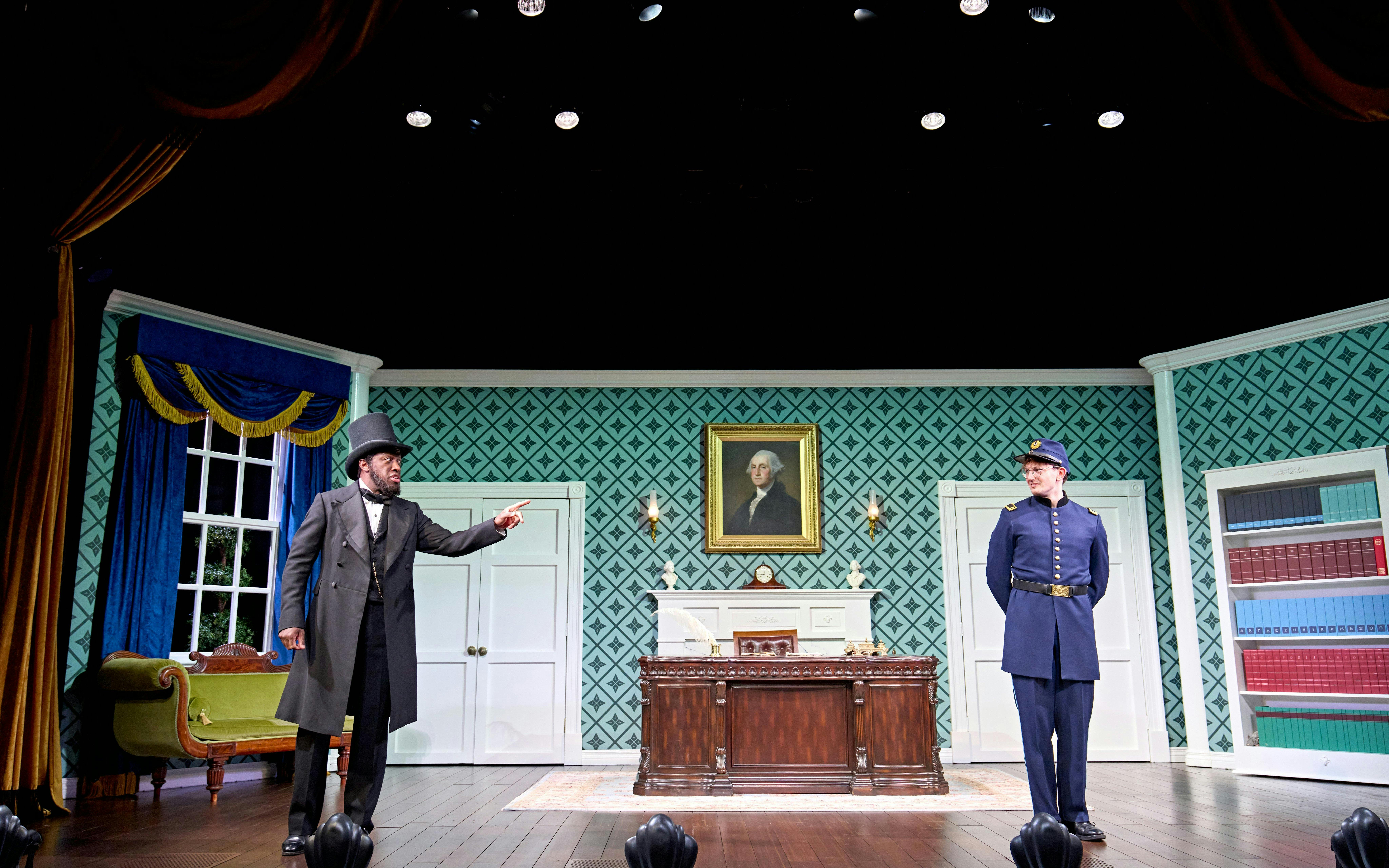 Stage scene from Oh, Mary Westend show with actors in period costumes.