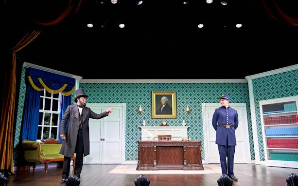 Stage scene from Oh, Mary Westend show with actors in period costumes.