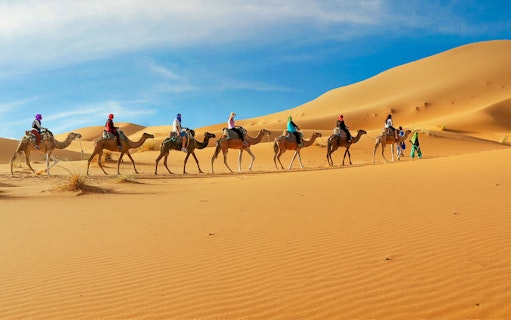 Camel caravan crossing sand dunes in Dubai desert safari.