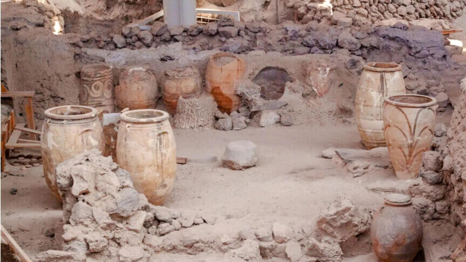 Ancient pottery at Akrotiri archaeological site, Santorini.