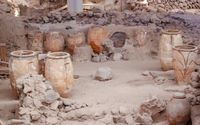 Ancient pottery at Akrotiri archaeological site, Santorini.