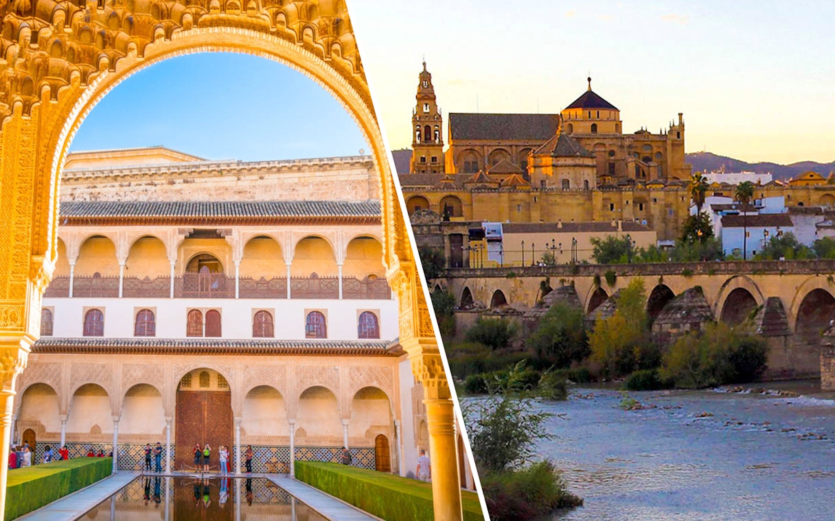 Alhambra palace courtyard and Granada cityscape with historic bridge.