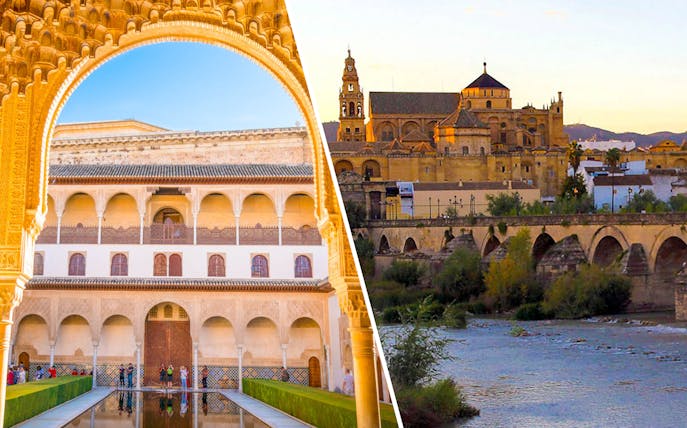 Alhambra palace courtyard and Granada cityscape with historic bridge.
