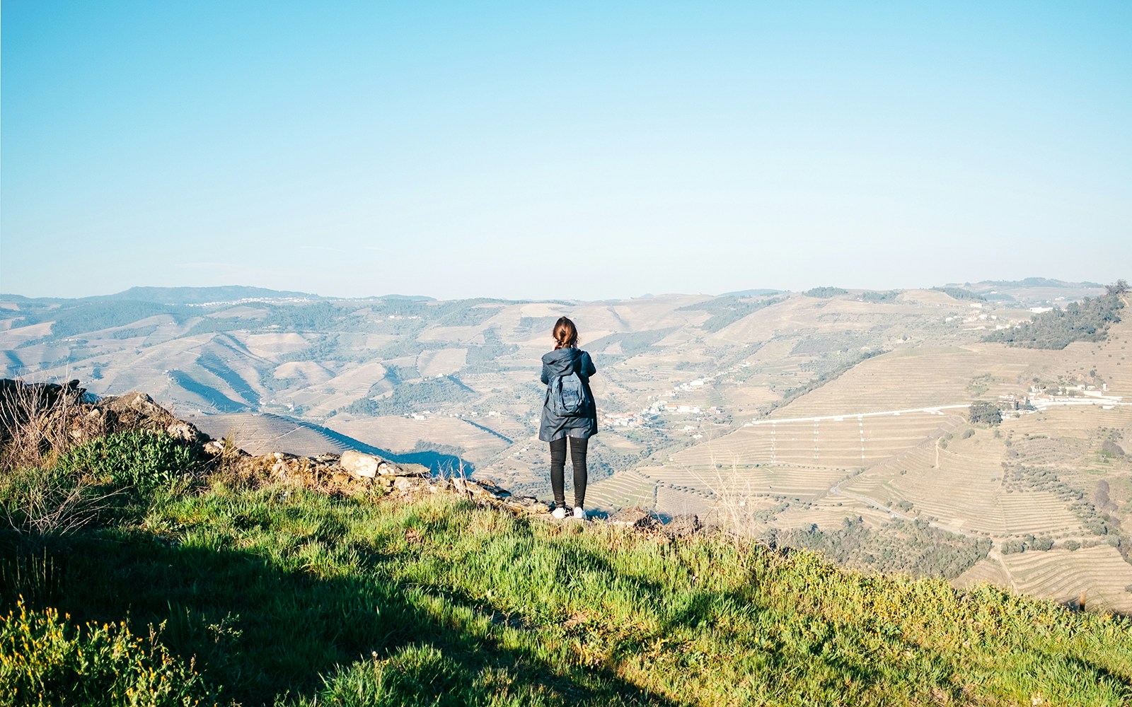 Hiker overlooking vineyards in Douro Valley during Provesende to Pinhão hike.