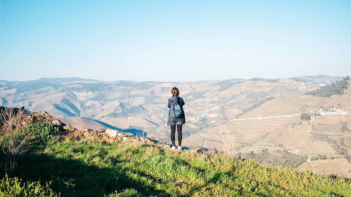 Hiker overlooking vineyards in Douro Valley during Provesende to Pinhão hike.