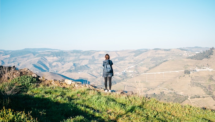 Hiker overlooking vineyards in Douro Valley during Provesende to Pinhão hike.