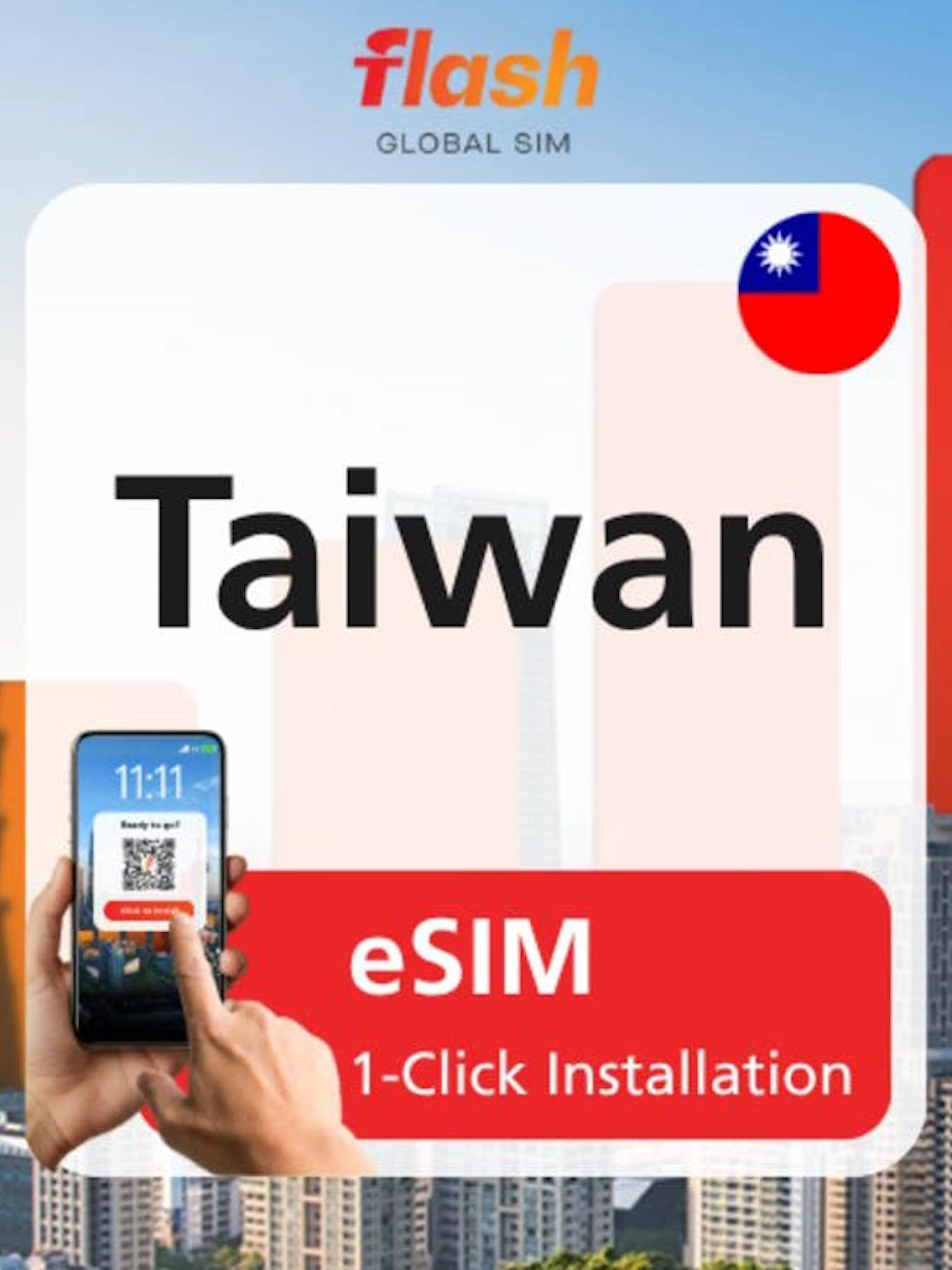 Taipei skyline with Taipei 101 and Taiwan eSIM installation on smartphone.