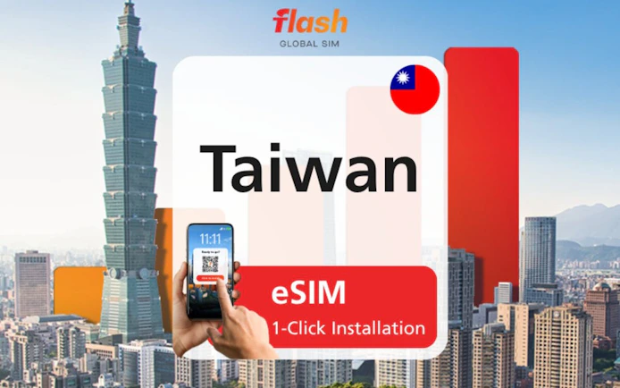 Taipei skyline with Taipei 101 and Taiwan eSIM installation on smartphone.