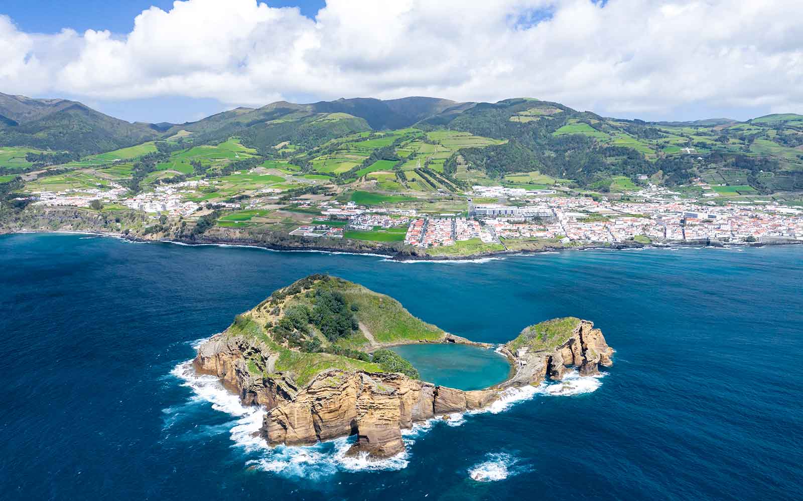 Aerial view of Ilhéu de Vila Franca islet near São Miguel, ideal for glass bottom boat tours.