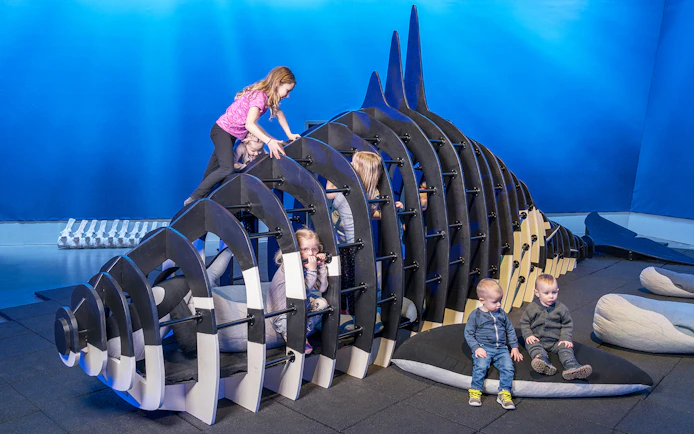 Children playing on a whale skeleton structure at Whales of Iceland Museum.