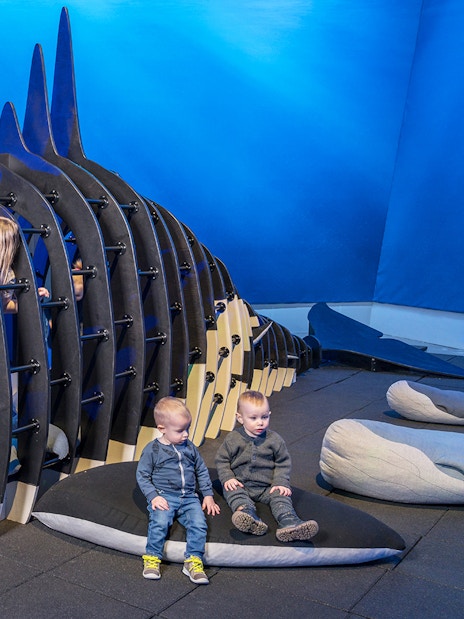 Children playing on a whale skeleton structure at Whales of Iceland Museum.