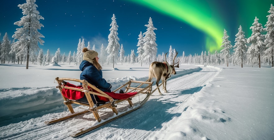 Reindeer pulling a sled under the Northern Lights in snowy Lapland forest.