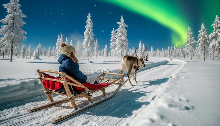 Reindeer pulling a sled under the Northern Lights in snowy Lapland forest.