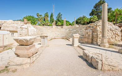 Ancient Roman Theatre ruins with stone columns and seating in Kom El-Deka, Alexandria.