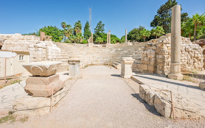 Ancient Roman Theatre ruins with stone columns and seating in Kom El-Deka, Alexandria.